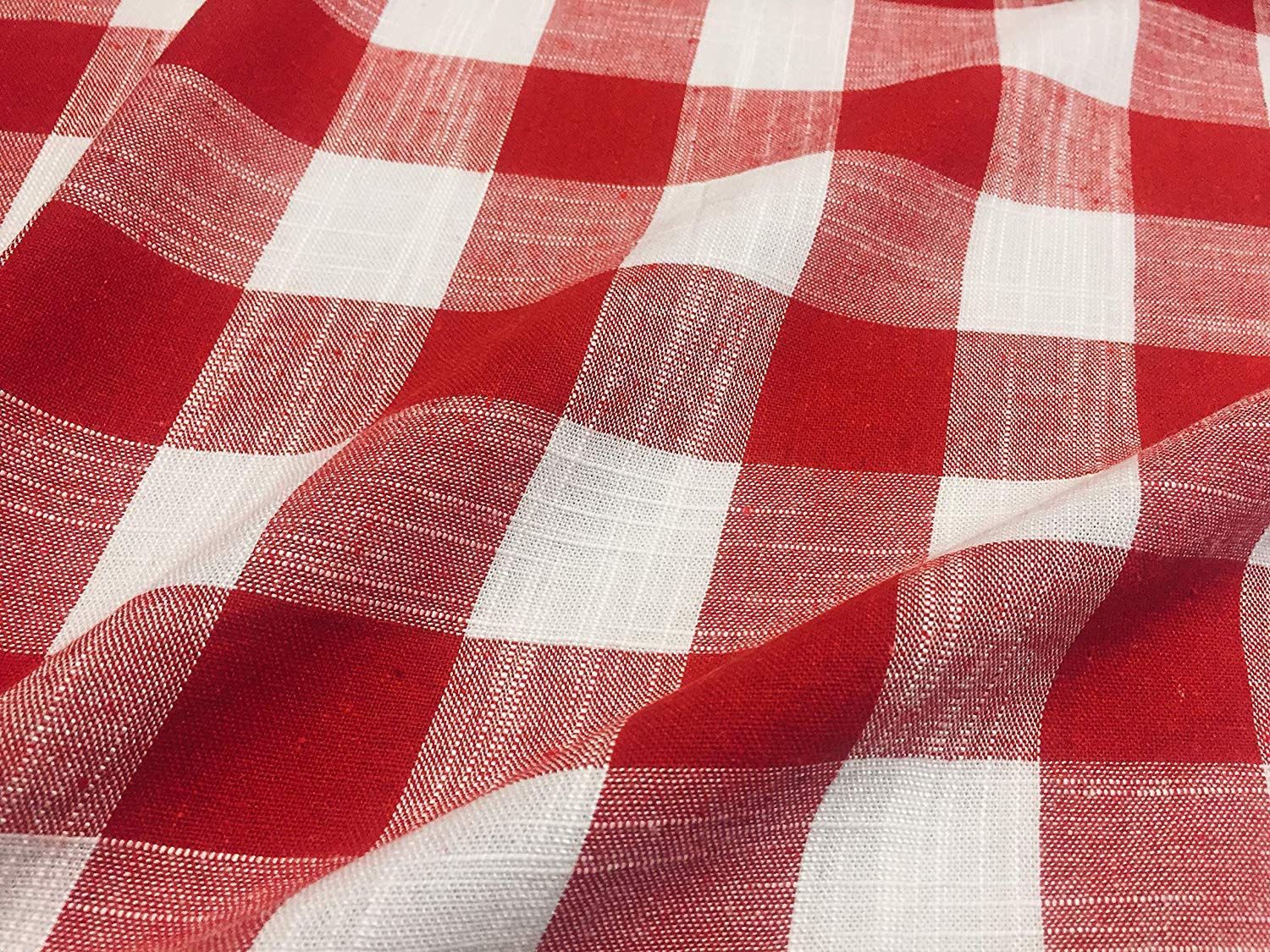Gingham Linen Checked Linen Fabric Check Material Buffalo Plaid - Dressmaking, Curtains, Home Furnishing - 140cm Wide (RED & White, 2 METRES)
