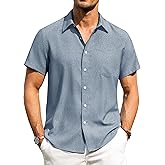 Alimens & Gentle Mens Linen Shirts Short Sleeve Button Down Shirts Wrinkle Free Casual Vacation Beach Summer Tops