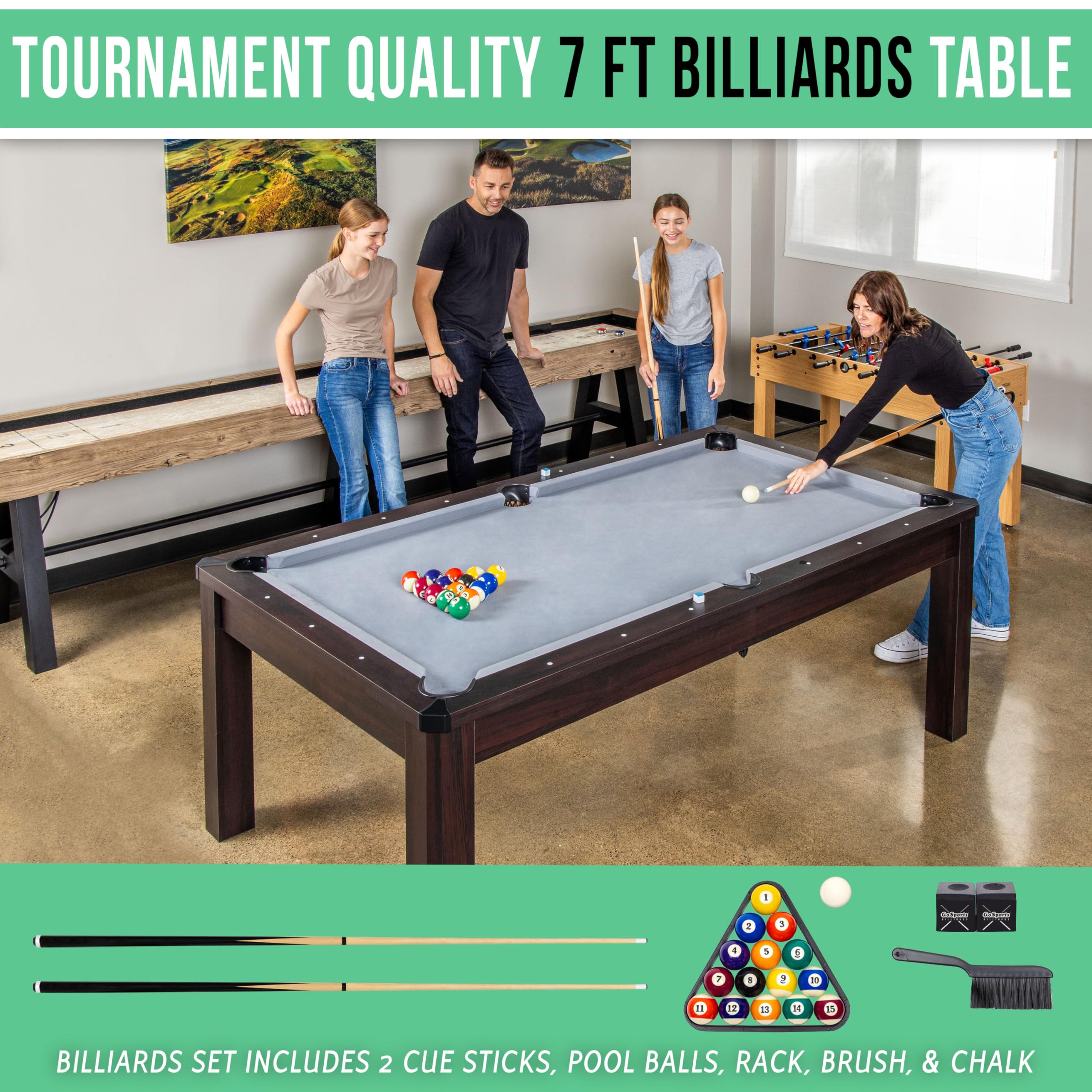 GoSports 7 ft 3 in 1 Pool, Dining, & Table Tennis Combo Table and Storage Benches - Convertible Top Game Table with Billiards and Table Tennis Accessories