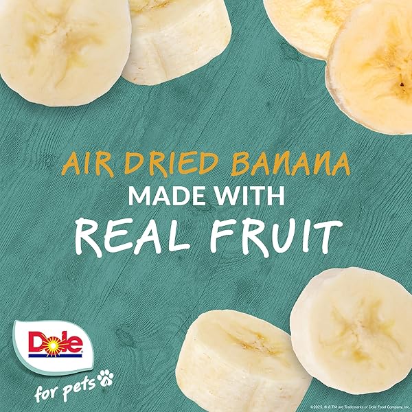 DOLE FOR PETS AIR DRIED BANANA DOG TREATS, SINGLE INGREDIENT DOG TREATS MADE WITH REAL BANANA, NO WHEAT, CORN, SOY, ARTIFICIAL FLAVORS, COLORS, OR PRESERVATIVES, AIR DRIED BANANA CHIPS, 6 OZ