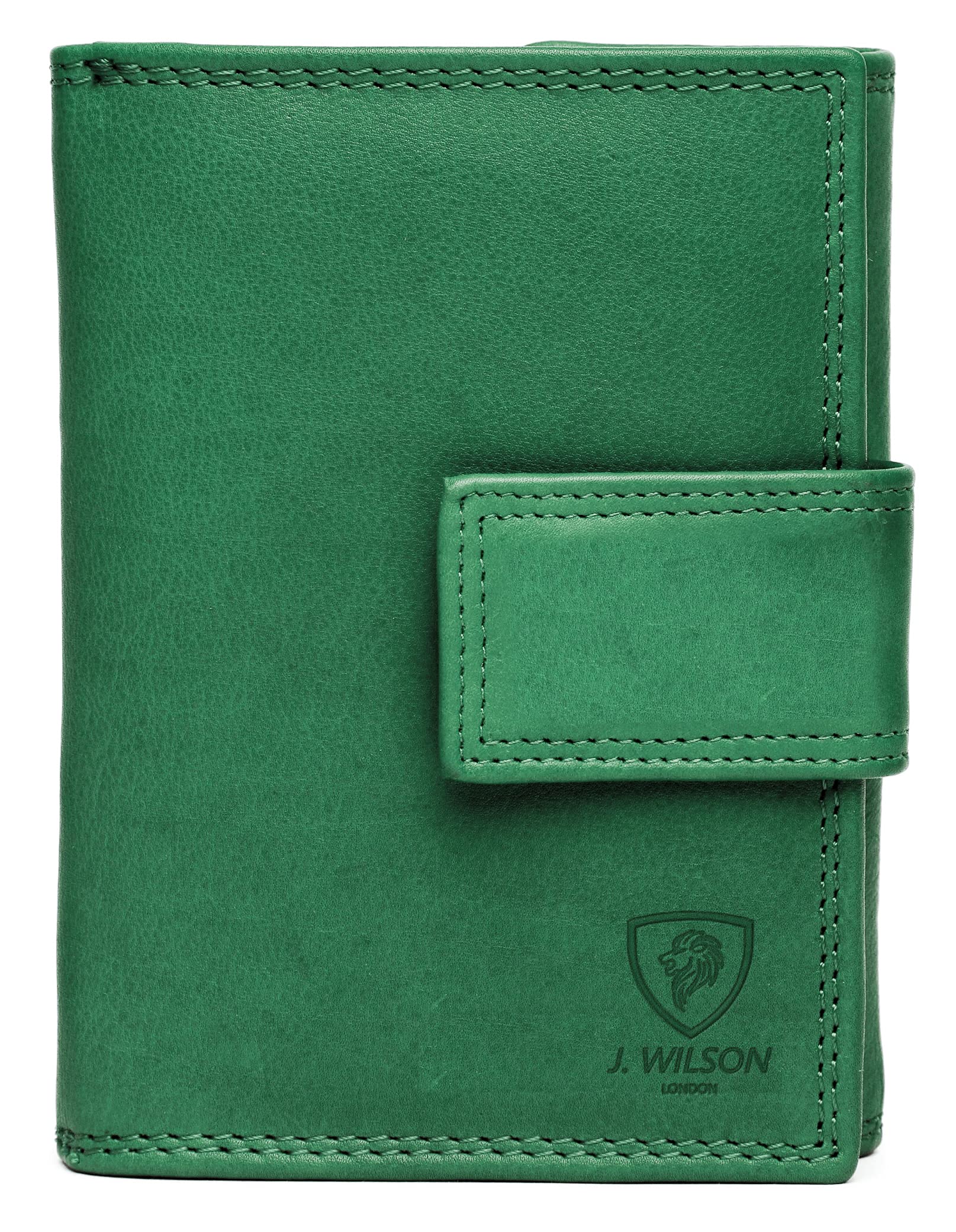 J. Wilson London Ladies RFID Safe Designer Soft Leather Purse Card Women Clutch Wallet with Zip Pocket Gift Boxed (Green)