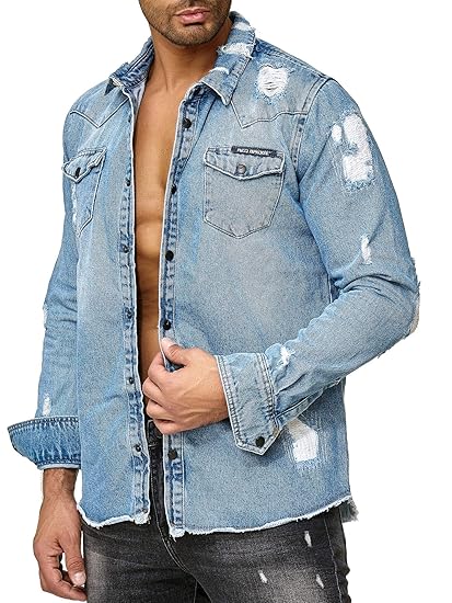 Red Bridge Herren Jeanshemd Oversized Freizeit Hemd Denim Destroyed