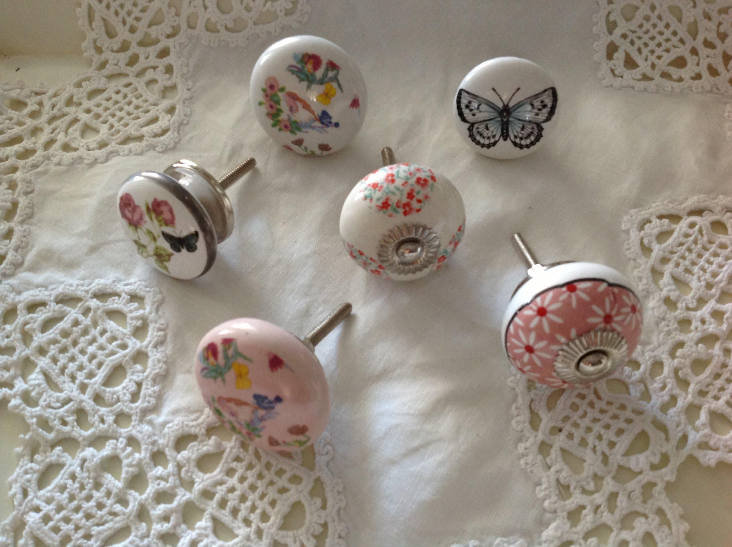 Vintage Pink Lot/set of 6 pink FLORAL & BUTTERFLY mix ceramic furniture/drawer pulls KNOBS