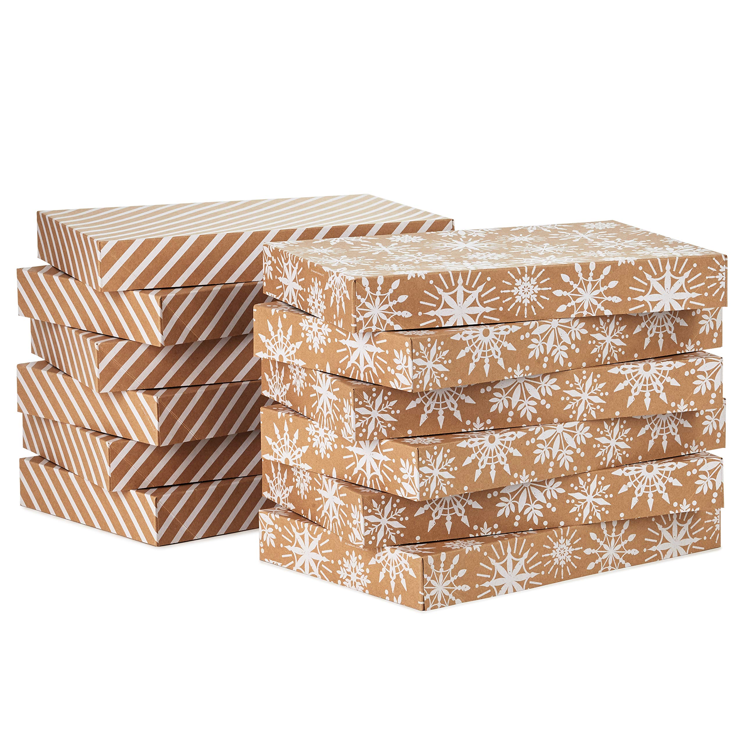 Hallmark Medium Christmas Gift Boxes with Lids (12 Shirt Boxes, 3 Designs: Navy Snowflakes, Gold Trees, Peace on Earth) for Christmas, Hanukkah, Holiday Parties
