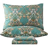 Zusbest Floral Sheets King Bed Sheets Set Boho 100% Cotton Percale Shabby Vintage Teal Blue Orange American Style Bedding Luxury Soft Breathable Crisp Bed Deep Pocket Fitted Sheet 4 Piece
