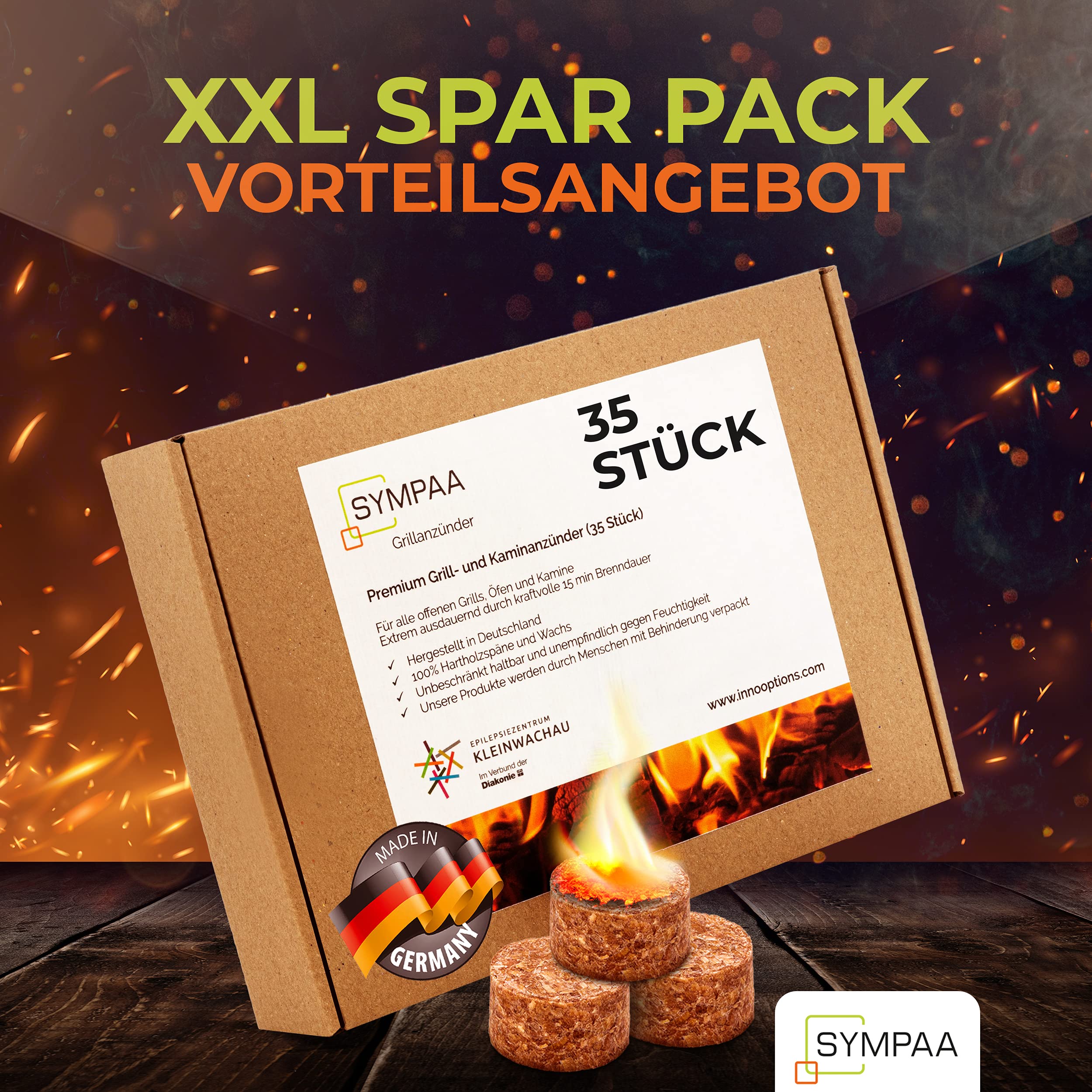 SYMPAA Grillanzünder mit starken 15min XXL Brenndauer | 35 Stück | Öko-Kaminanzünder aus Hartholz und Wachs | Nachhaltige Feueranzünder im Profi-Sparpack 5