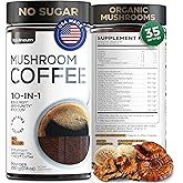 Wellneum Mushroom Coffee - French Roast Style Instant Coffee + Lion’s Mane 900mg for Focus + Reishi, Chaga & Turkey Tail - 10-in-1 Mushrooms Fruiting Body Adaptogen Blend, Sugar Free, 35 Servings