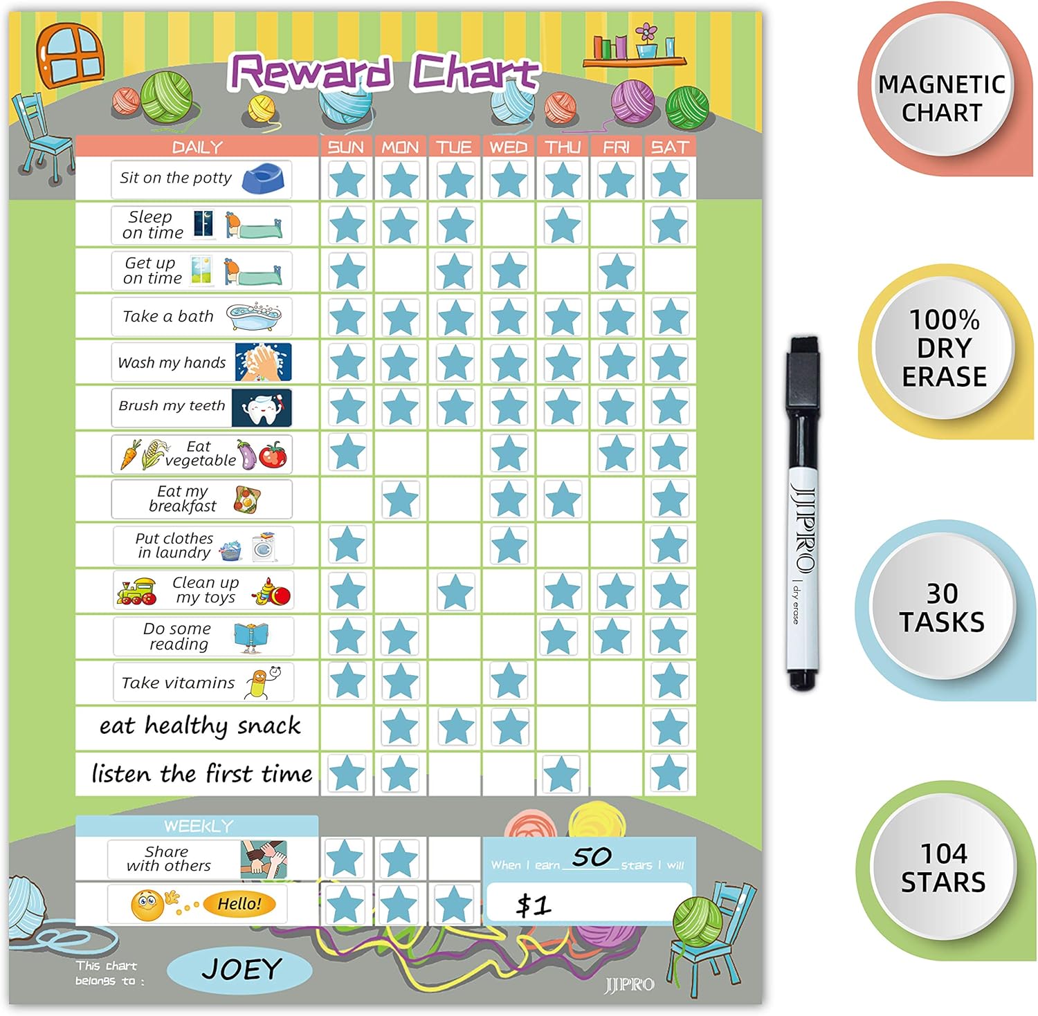 Magnetic Bahavior Chart for Kid at Home, Resuable Chore Chart for Kid, Reward Chart for Kids Behavior. Each Set Includes 30 tasks, 104 Stars, and one 11“ x 14.5" Magnetic Chart- Green
