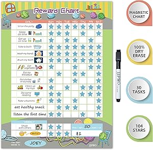 Magnetic Bahavior Chart for Kid at Home, Resuable Chore Chart for Kid, Reward Chart for Kids Behavior. Each Set Includes 30 tasks, 104 Stars, and one 11“ x 14.5" Magnetic Chart- Green
