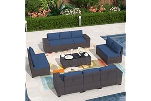 ALAULM 12 Pieces Outdoor Patio Furniture Set Sectional Sofa Sets Brown PE Rattan Patio Conversation Set w/10 Dark Blue Seat Cushions and 2 Coffee Tables
