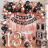 Rose Gold 18th Birthday Decorations for Girls Women - Happy 18 Birthday Party Supplies Include 3pcs Balloon Boxes, Number 18 Foil Balloons, Fringe Curtains, Black Pink Garland Arch Kit - Photo Props