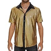 Zando Men's Sequin 70s 80s Disco Shirt - Retro Short Sleeve Button Up Costume Halloween New Year Party Outfit Top & Clubwear