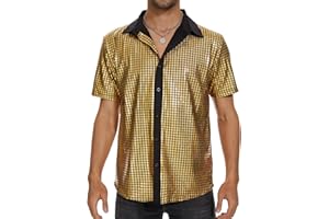 Zando Men's Sequin 70s 80s Disco Shirt - Retro Short Sleeve Button Up Costume Halloween New Year Party Outfit Top & Clubwear