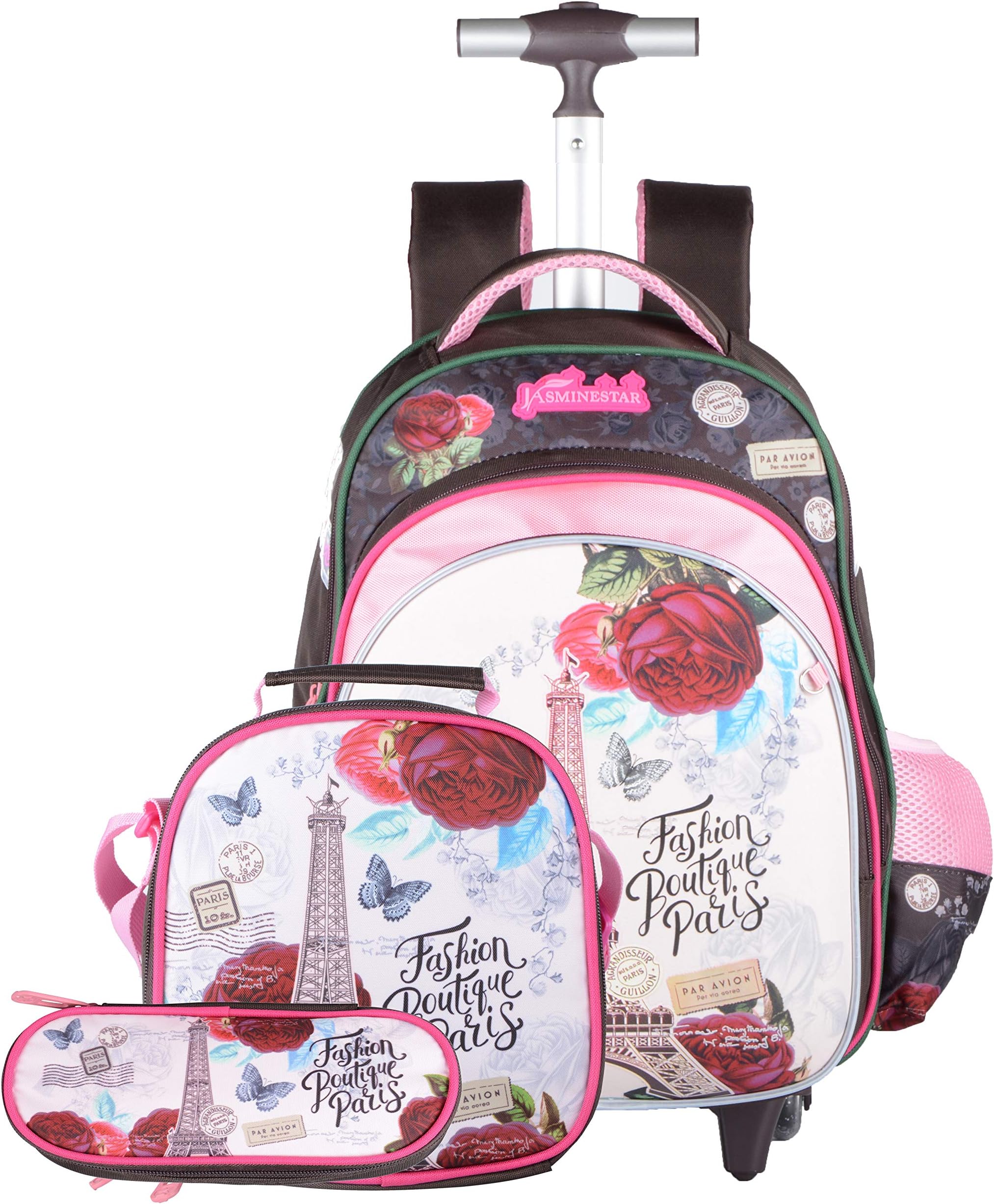 Meetbelify 3Pcs Rolling Backpack for Girls with Lunch Bag Pencil Case School Bags Wheeled Backpack