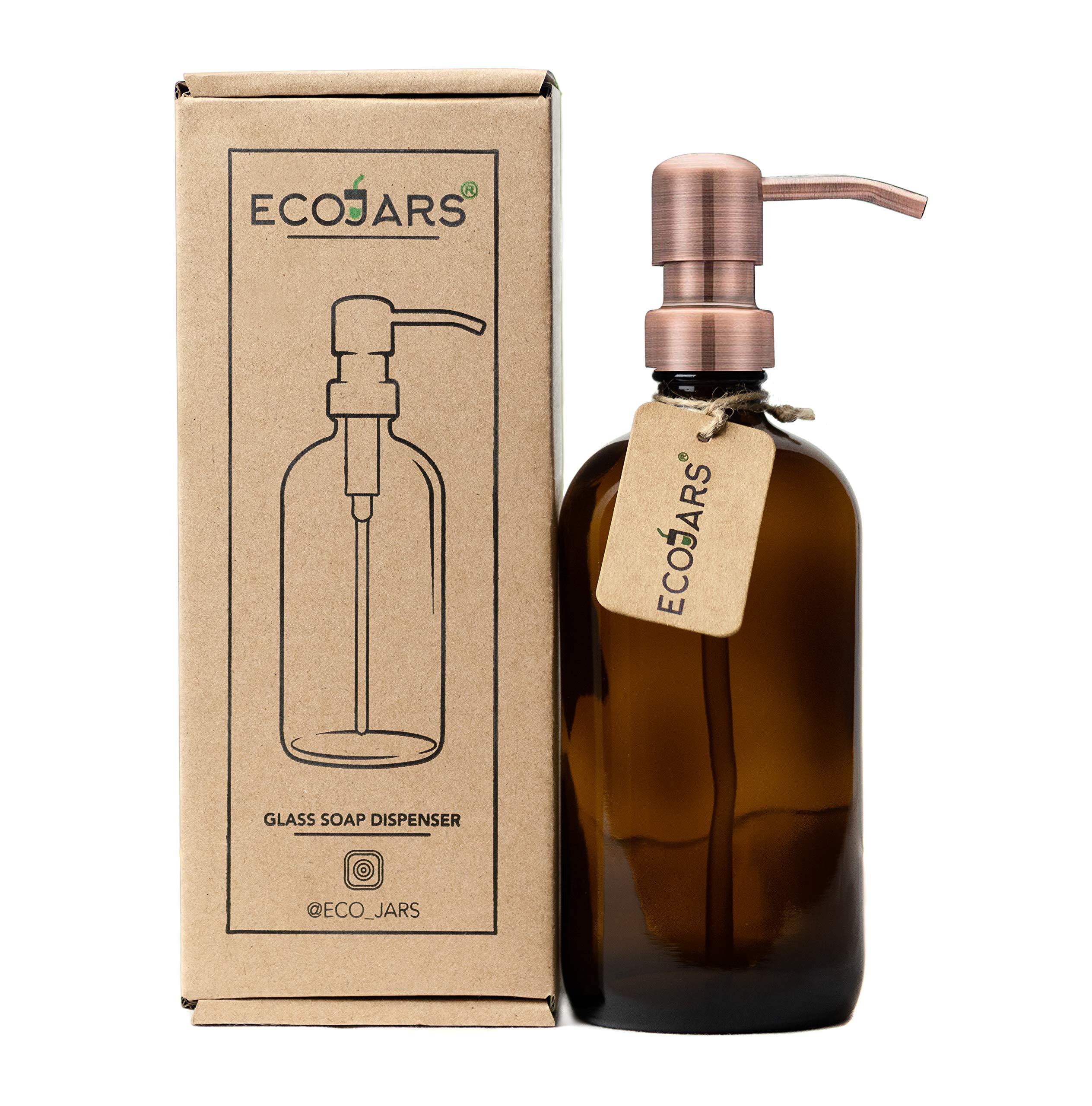 Amber Glass Jar Soap Dispenser with Antique Colour Rose Copper, Stainless Steel Dispenser, BPA Free, Eco Friendly, 500ml, Housewarming Gift Box