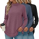 Oakgarden 3 Pack Women's Turtleneck Sweatshirts, Long Sleeve Cotton Shirts Curved Hem Pullover Tees Tunic Casual Winter Tops