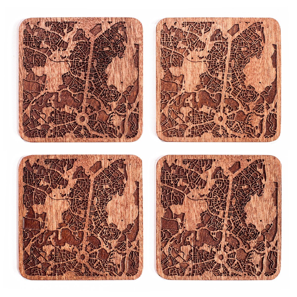 Canberra Map Coaster, Set of 4, Sapele Wooden Coaster with City Map, Handmade