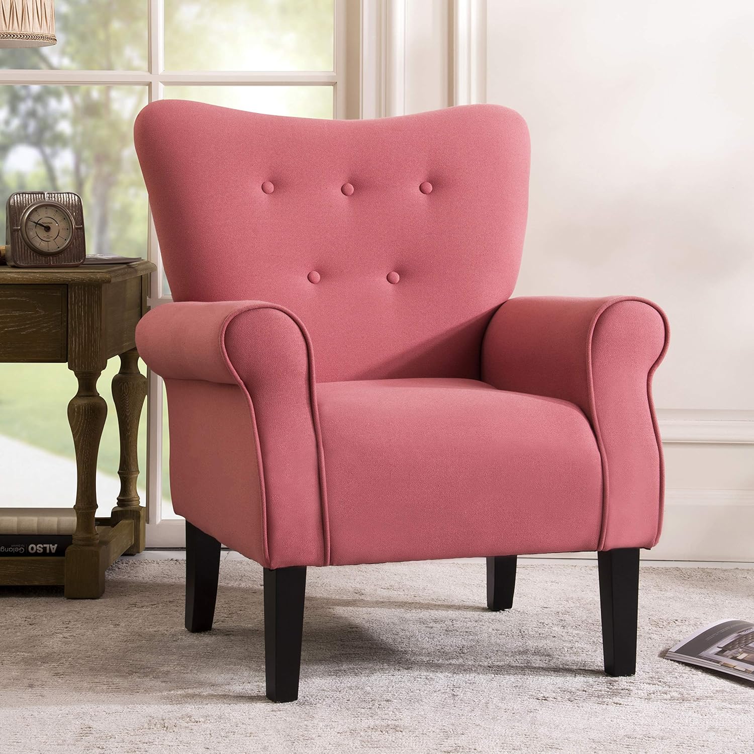 Merax Modern Upholstered Accent Chair Armchair for Bedroom, Living Room or Office, Linen, Including Thick Cushion and Wooden Legs, Brick: Furniture & Decor