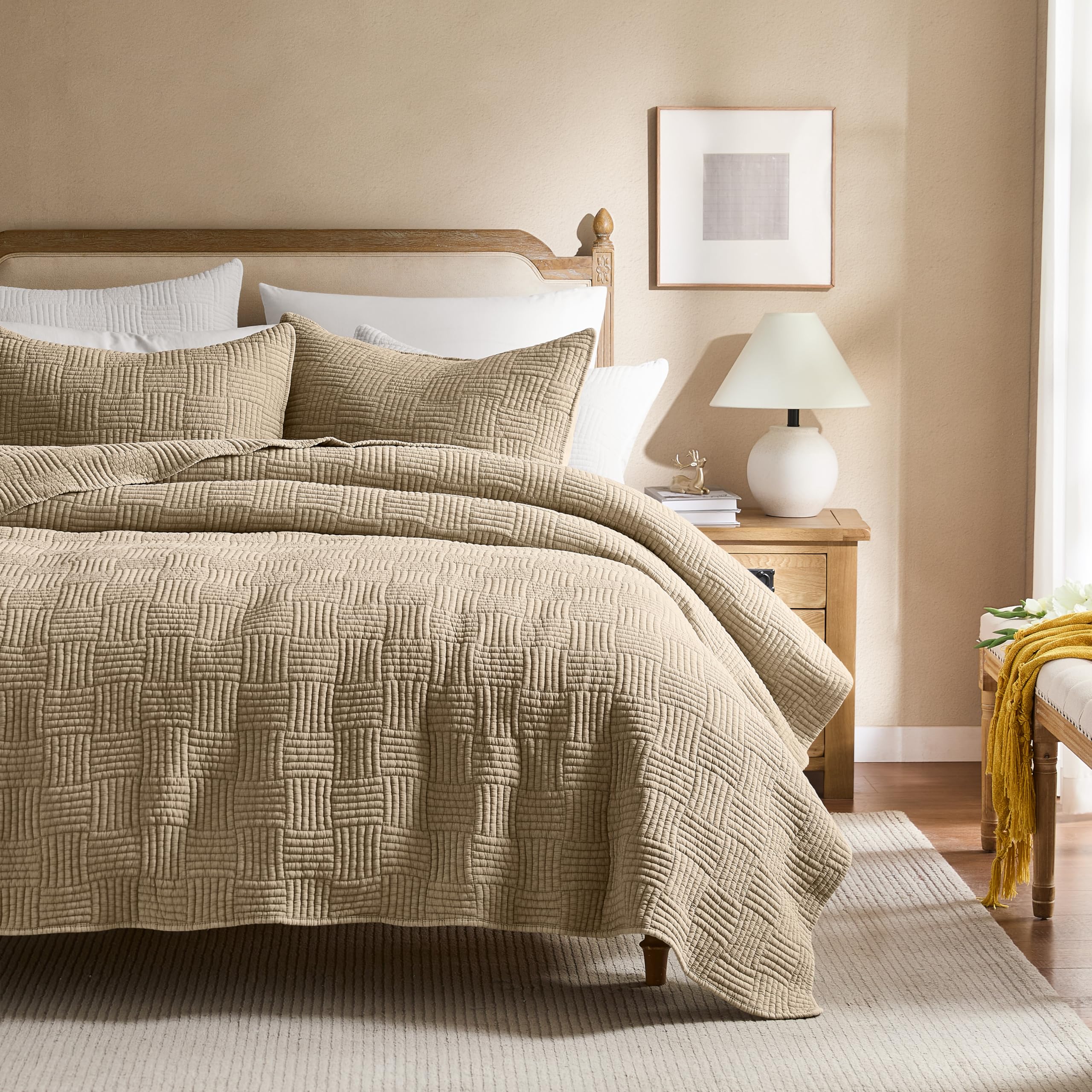 Photo 1 of WDCOZY Beige Twin Size Quilt Set, Muslin Cotton Shell Down-Alt Poly Filling, Tan Taupe Camel Shabby Chic Rustic Farmhouse Country Bedspread, Textured Gauze Coverlet, Soft Lightweight Bedding