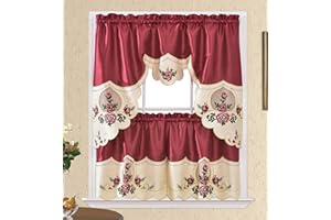 GOHD GOLDEN OCEAN HOME DECOR GOHD Rose Melody. 3pcs Kitchen Cafe Curtain Set.Farmhouse Swag and 24 inches Tiers Set for Small Windows. Nice Matching Color Rose Embroidery on Border and Inserted Organza. (Burgundy)