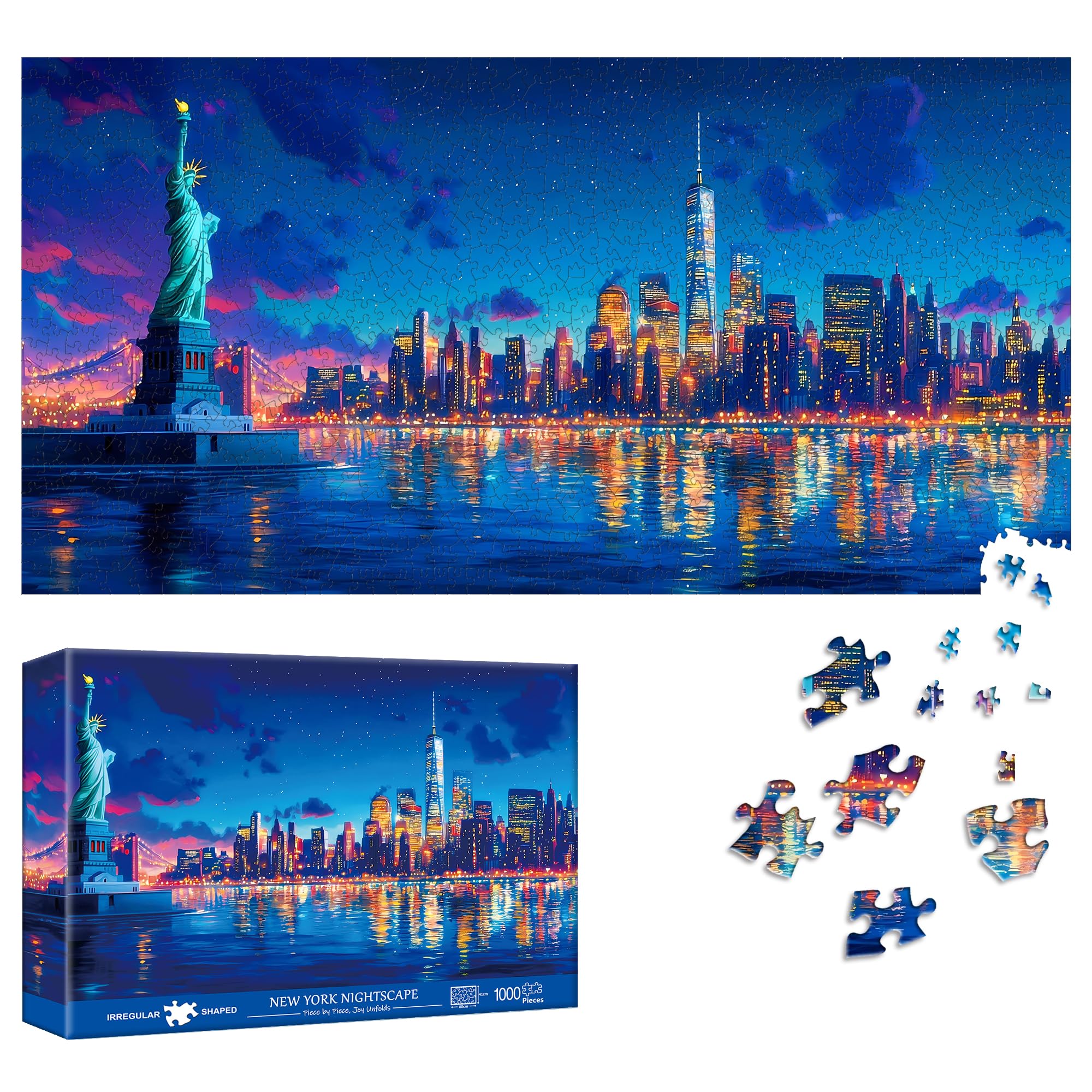 Reofrey Puzzles for Adults 1000 Pieces - NEW YORK NIGHTSCAPE, Special Shape Jigsaw Puzzles, Challenging Impossible Puzzle, Fun Family Game & Unique Home Decor (16x31 Inch /41x80cm) Idea