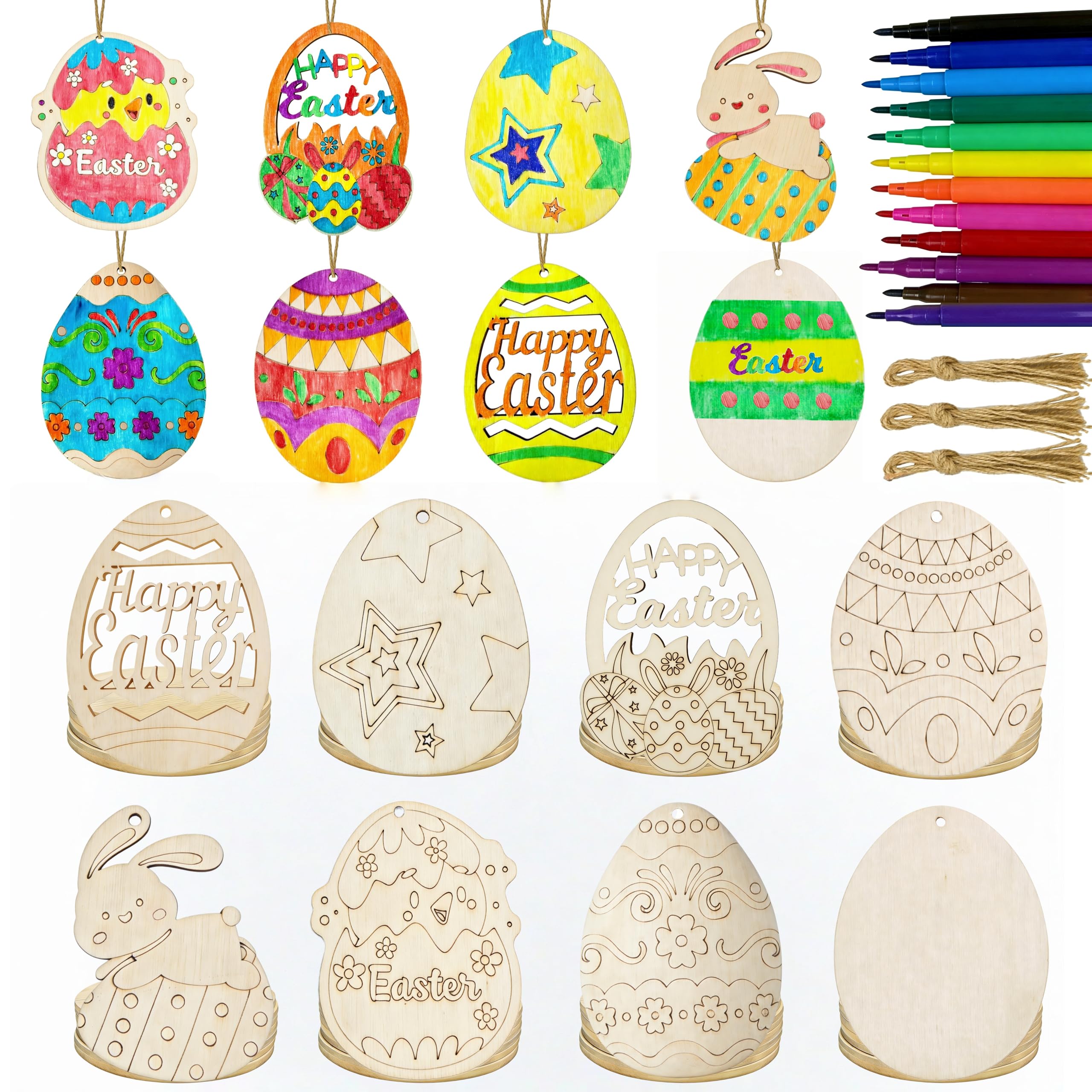 40 PCS Unfinished Hanging Wooden Easter Crafts,Wooden Easter Eggs to Paint for Kids Ages 4-8 8-12,8 Styles Hanging Wood Cutouts Easter Ornaments Kids Bulk Party Decorations Decor Supplies Activities
