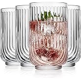 Glaver's Vintage Glassware Art Deco Glasse Ribbed Drinking Glasses U-Shape Arch Design Colored Cocktail Kitchen Tumblers Everyday Dinner Decorative Party (Clear S/4 17oz)