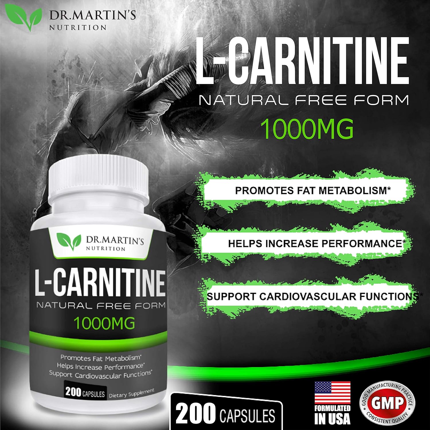 Extra Strength L-Carnitine - 200 Capsules - 1000mg Per Serving - Boost Your Metabolism and Increase Performance: Health & Personal Care