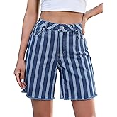 luvamia Stripe Jean Shorts for Women High Waisted Trendy Summer Jorts Loose Distress Raw Hem Stretchy Long Denim Shorts