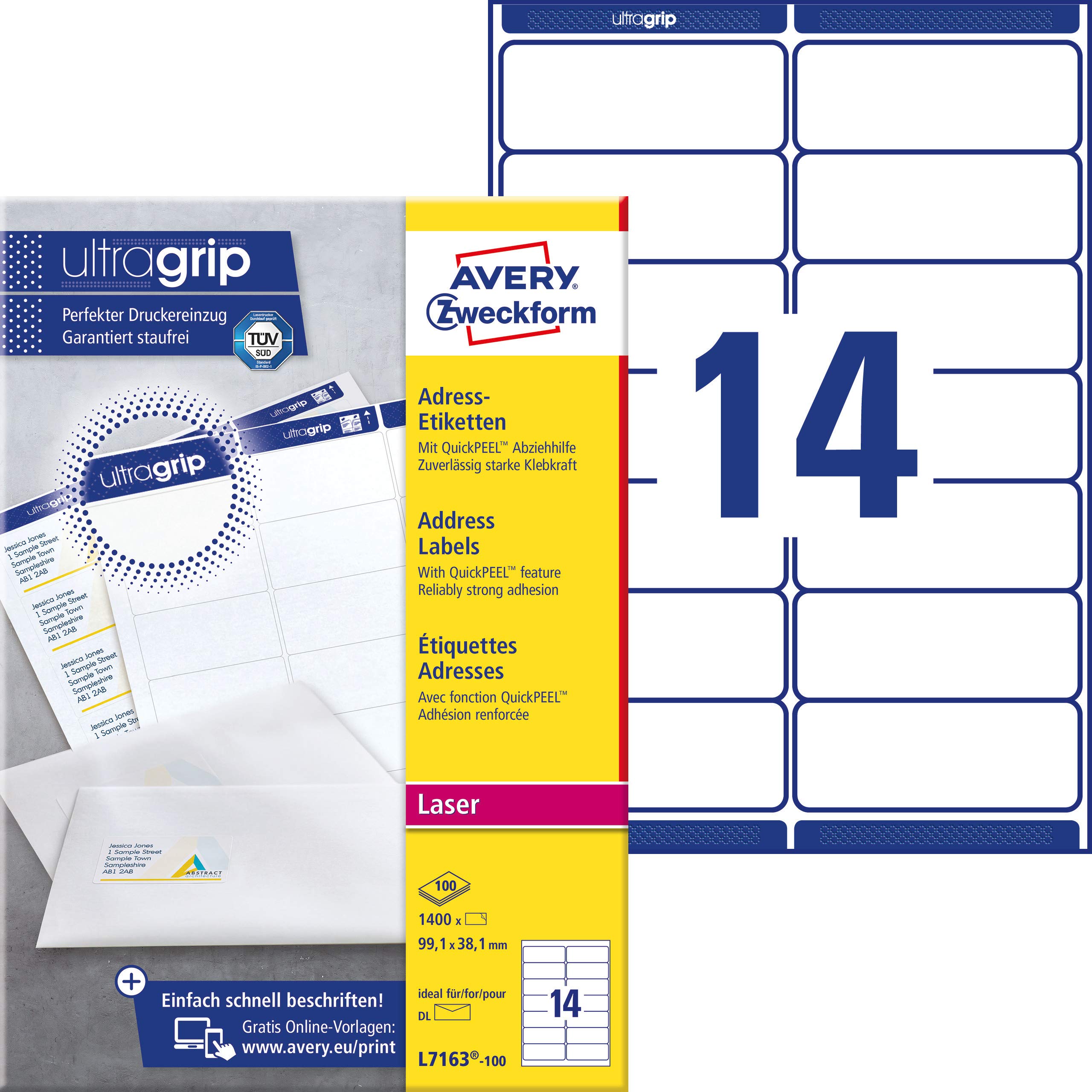 Avery Zweckform J7163-100 Address Labels 99.1 x 38.1 mm for DIN Long Envelopes Pack of 100 Sheets