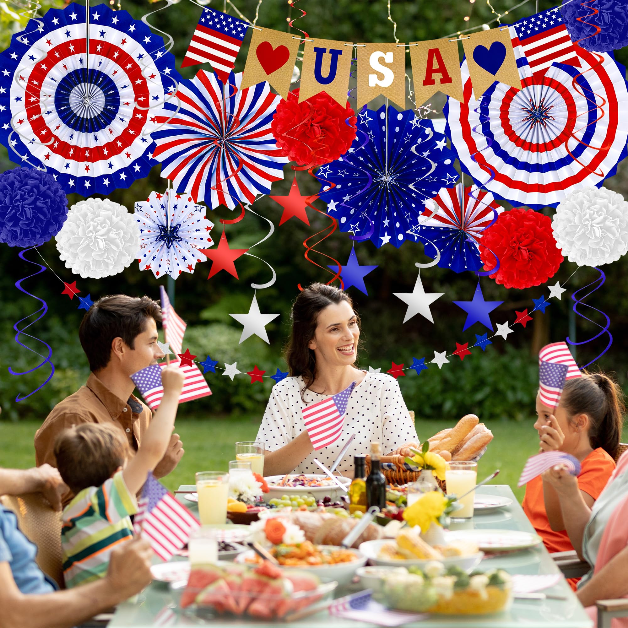 26 PCS 4th of July Decorations, Red White Blue Paper Fans in Patriotic Designs, 4th of July Banner Pompom Star Garland and Hanging Swirls Set for Fourth of July Independence Day Party Supplies Decor