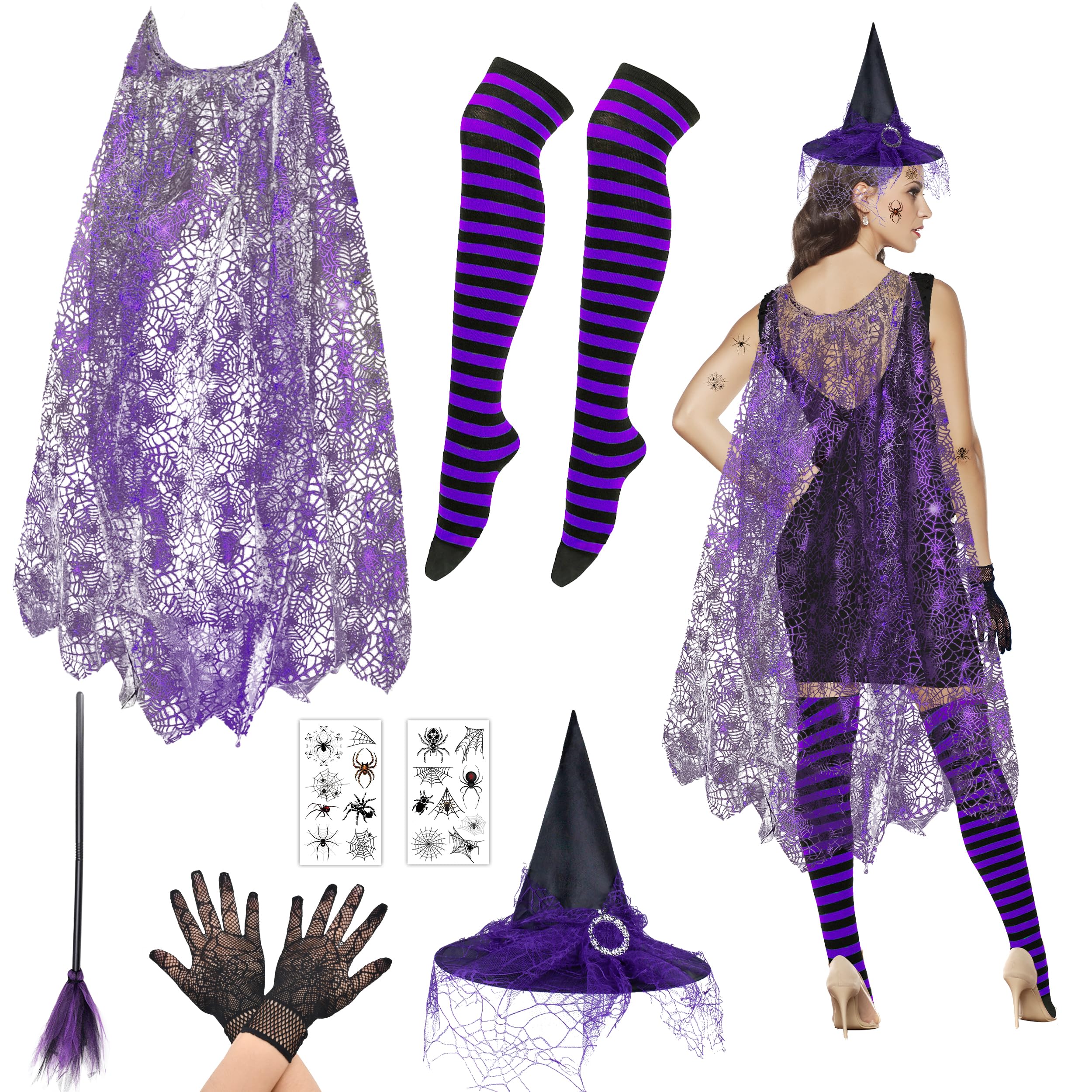 Abitoncc 7 PCS Halloween Witch Costume Adult Women with Spider Web Cape, Witch Hat, Broom Prop,Stripe Stockings for Halloween Costume Women Adults Purple