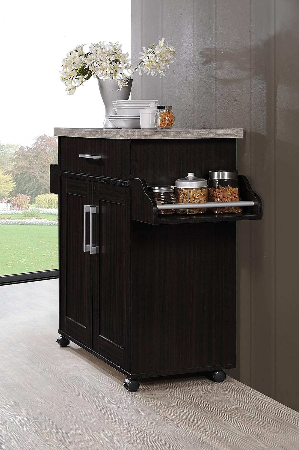 Hodedah Kitchen Island with Spice Rack, Towel Rack & Drawer, Chocolate with Grey Top: Furniture & Decor
