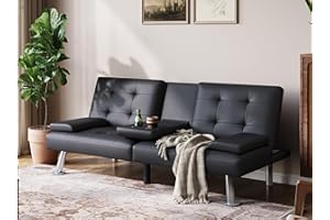LINSY Futon Sofa Bed, Faux Leather Sleeper Sofa with Mattress and Frame, Convertible Futon Couch for Living Room, Black