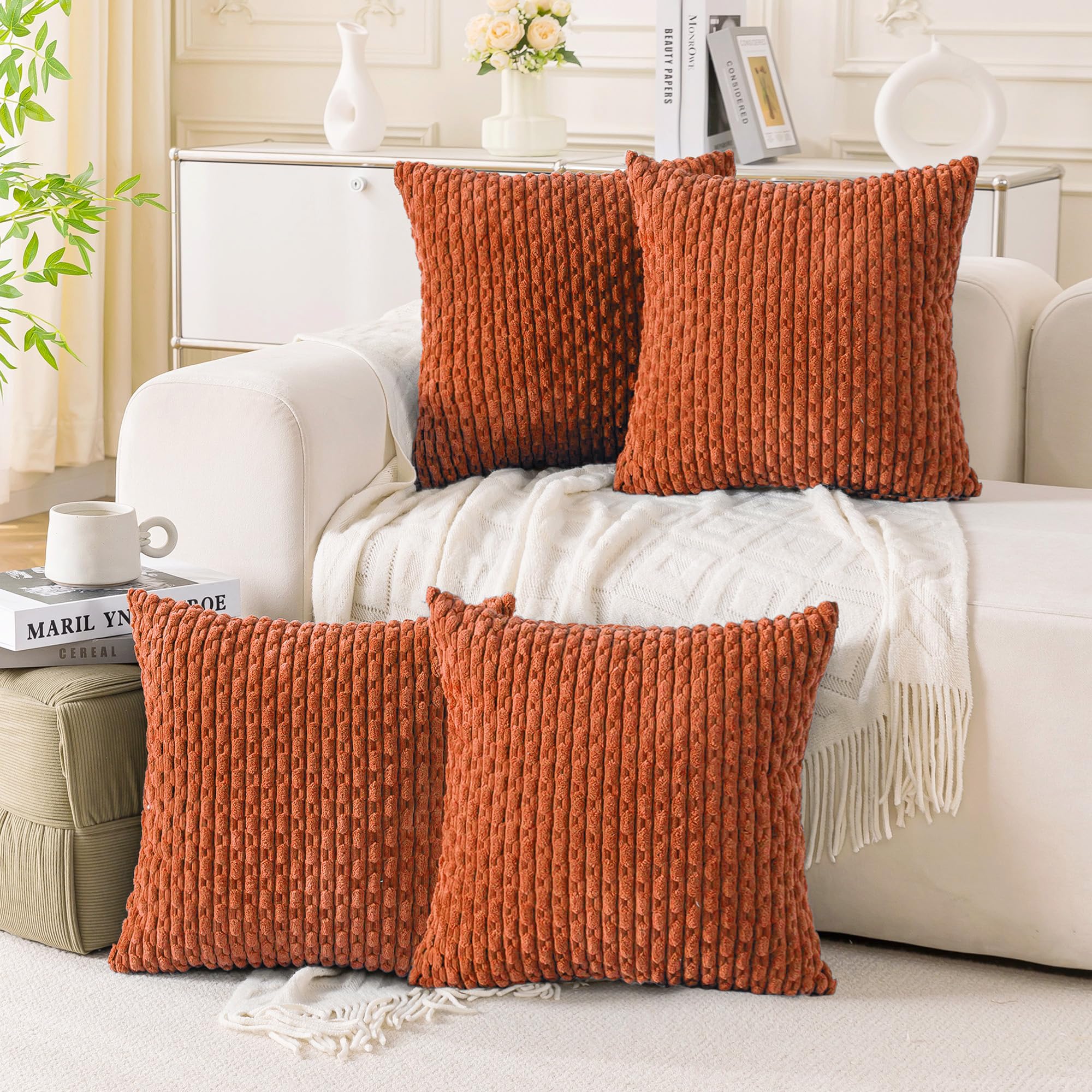 Cozoomy Set of 4 Burnt Orange Decorative Throw Pillow Covers 24x24 Inch Corduroy Pillow Covers for Bed Couch Sofa Living Room Soft Square Cushion Cases Image