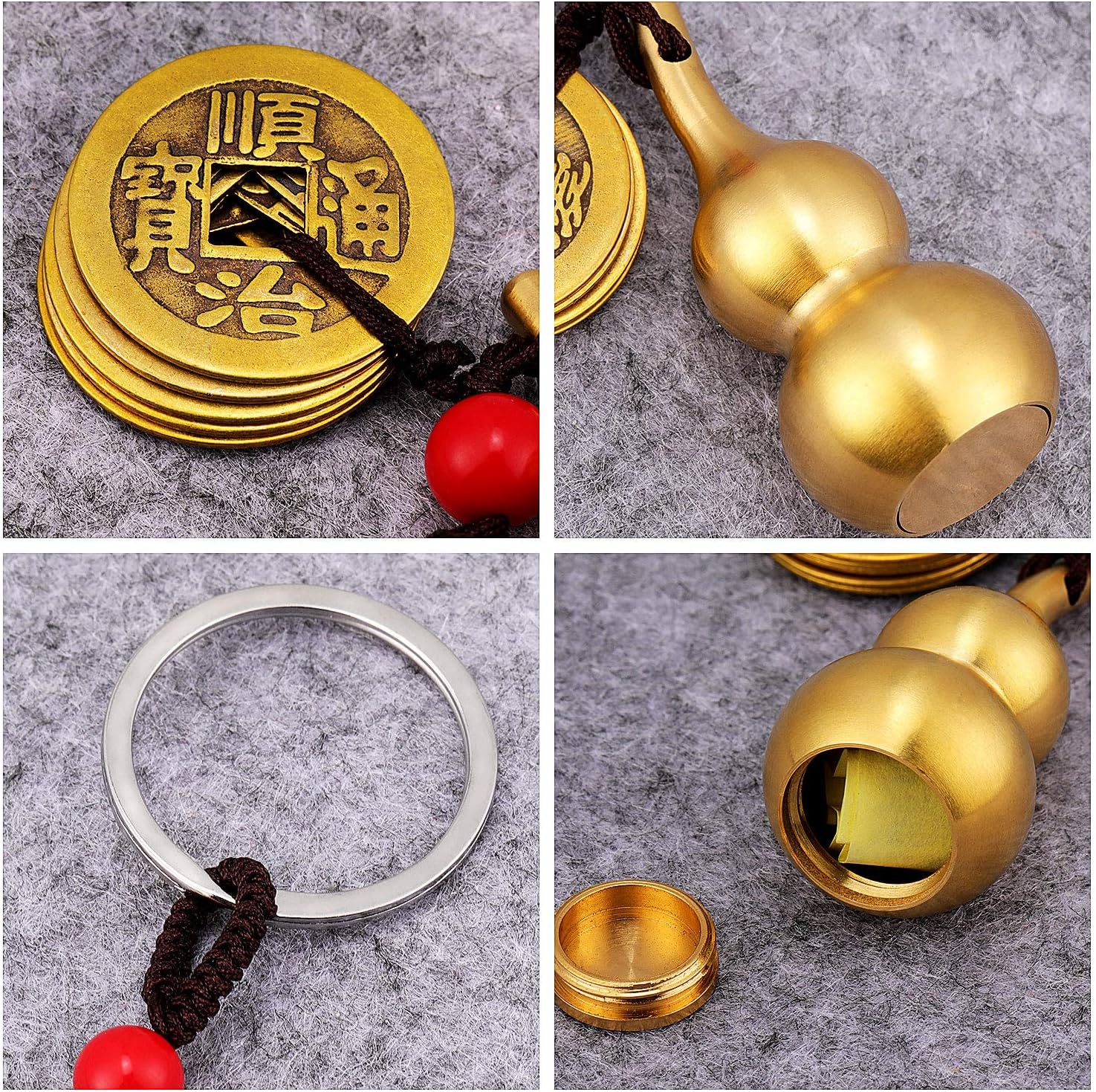 Hotop 3 Pcs Chinese Gourd Feng Shui Brass Wu Lou Keychains with five Coins Calabash Pendant Key Rings for Good Luck Fortune Longevity Wealth Success to Friends Families Lovers - Image 3