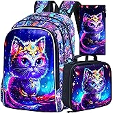 WZLVO 3PCS Cat Backpack for Girls, 16'' Kids Preschool Bookbag with Lunch Box, Cute Water Resistant School Bag Set for Elementary Kindergarten Toddler