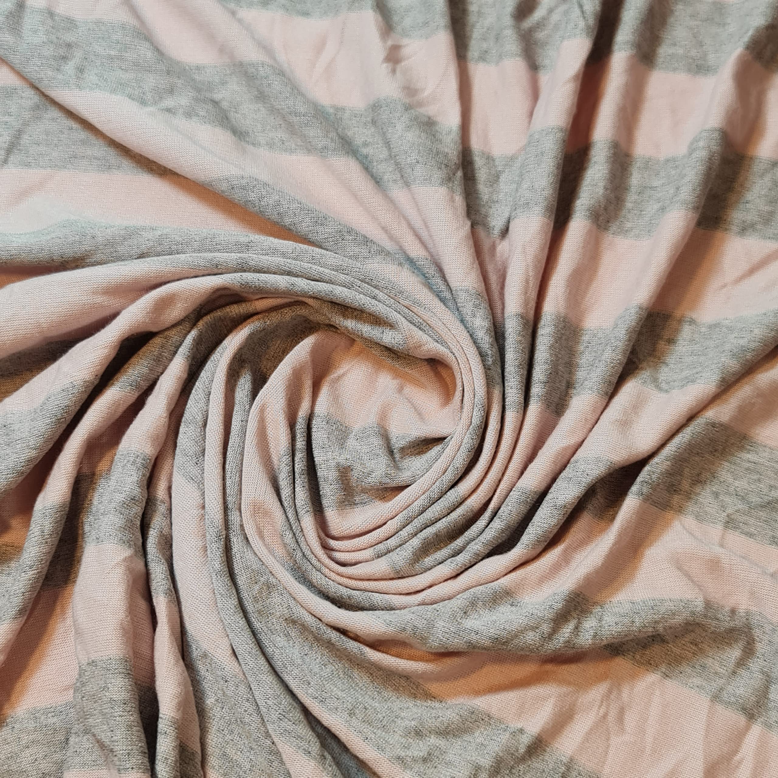 Soft Plain/Printed Cotton Jersey Stretch Knit T Shirt Baby Grow Craft Fabric Material 58" - 150 cm Wide Sold As 1 Meter Pre - Cut Lengths (Grey Pink Stripe #3) — image 1