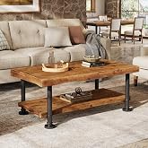 TRIBEWOOD 47" Coffee Table, Farmhouse Solid Wood Accent Center Table with 2-Tier Live Edge Shelf &amp; Metal Legs, Rectangular Low Cocktail Tea Furniture for Living Room, Lounge, Brown and Black