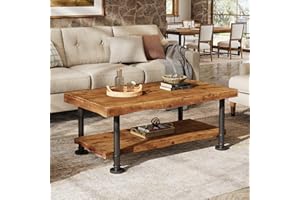 47" Coffee Table, Farmhouse Solid Wood Accent Center Table with 2-Tier Live Edge Shelf & Metal Legs, Rectangular Low Cocktail