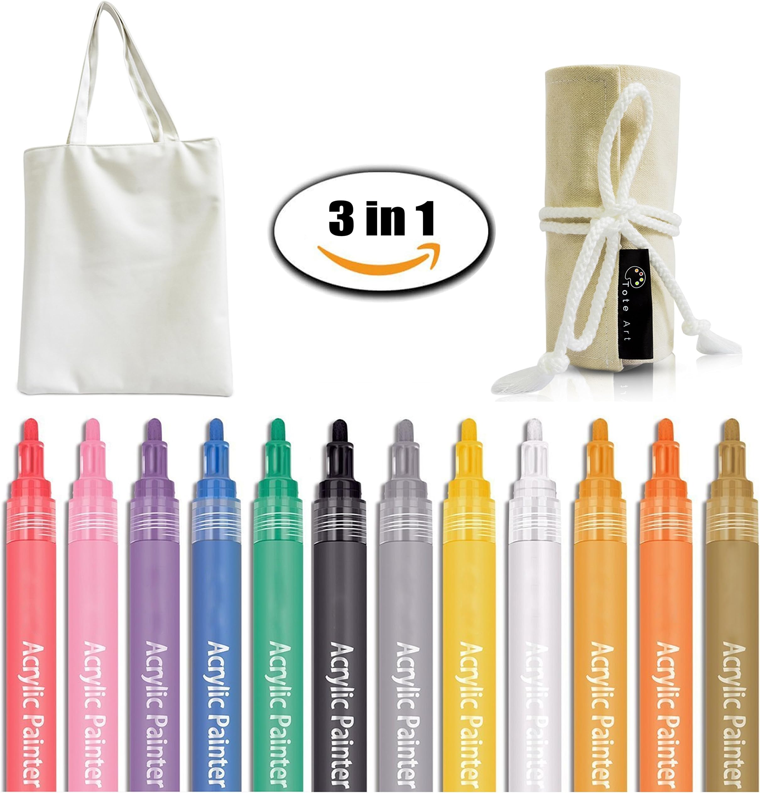 Acrylic Paint Markers Pens Set of 12 Colors Medium Tip - Perfect for Ceramic Rock Painting DIY Crafts Glass Canvas Fabric Craft Paper Birthdays Bundle with DIY Tote Bag and Marker Holder