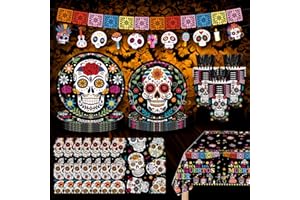 TOMYOUNG 130 PCS Skull Party Supplies with Skeleton Paper Plates,Cake PlatesNapkins, Cups and Cutlery for Skull Birthday Party Decorations, Disposable Dinnerware Set (Serves 10)