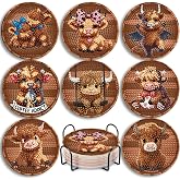 AuraDraw 8 Pack Cow Diamond Art Coasters Kits, Highland Cow Diamond Painting Coasters Kit Set with Holder, DIY Diamonds Art Non Slip Coaster Crafts Supplies Kit(Highland Cow)