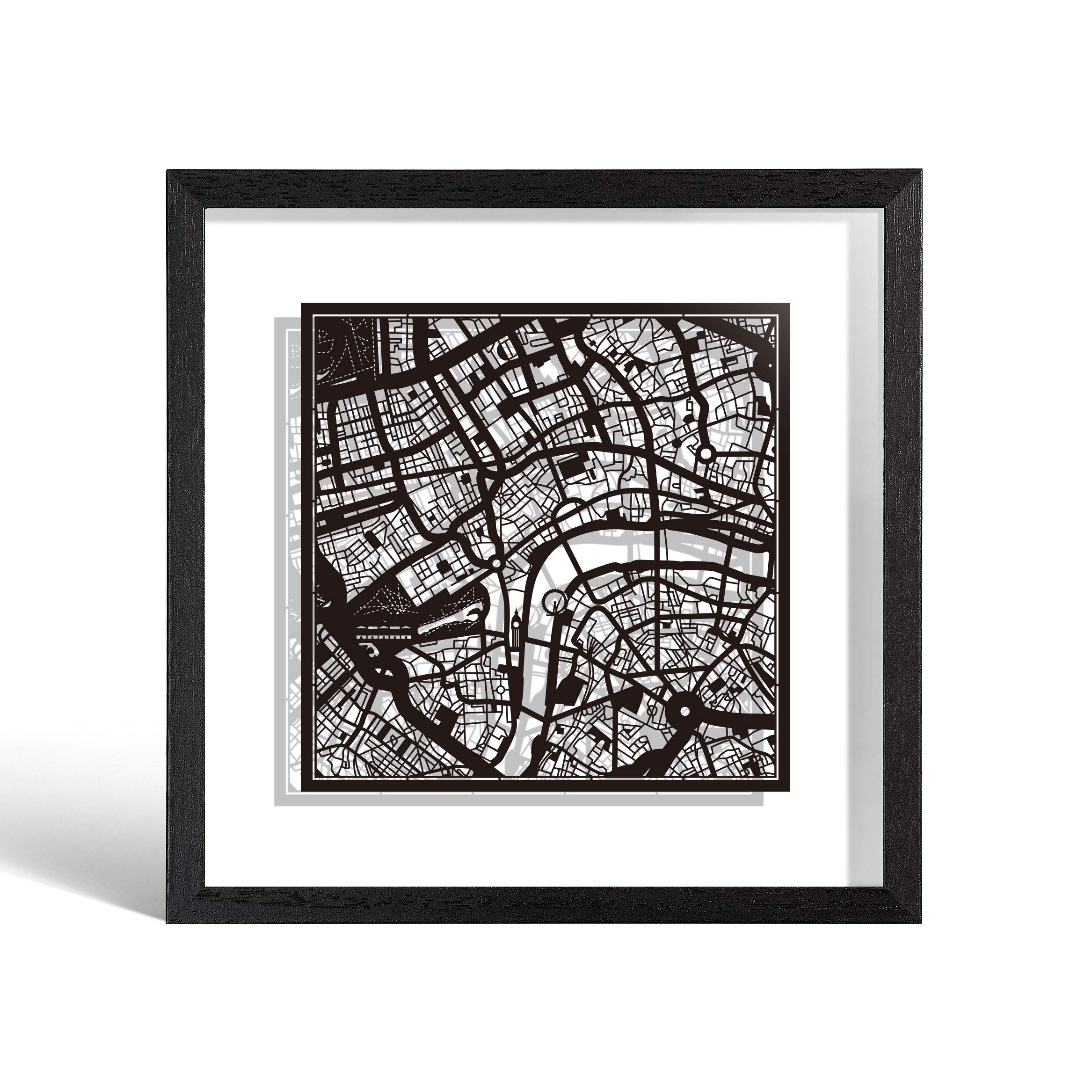 O3 DESIGN STUDIO London Paper Cut Map framed, Black map, Black frame, 9x9 inches, Gift Boxed, 2 background color, self-changing, Paper Art
