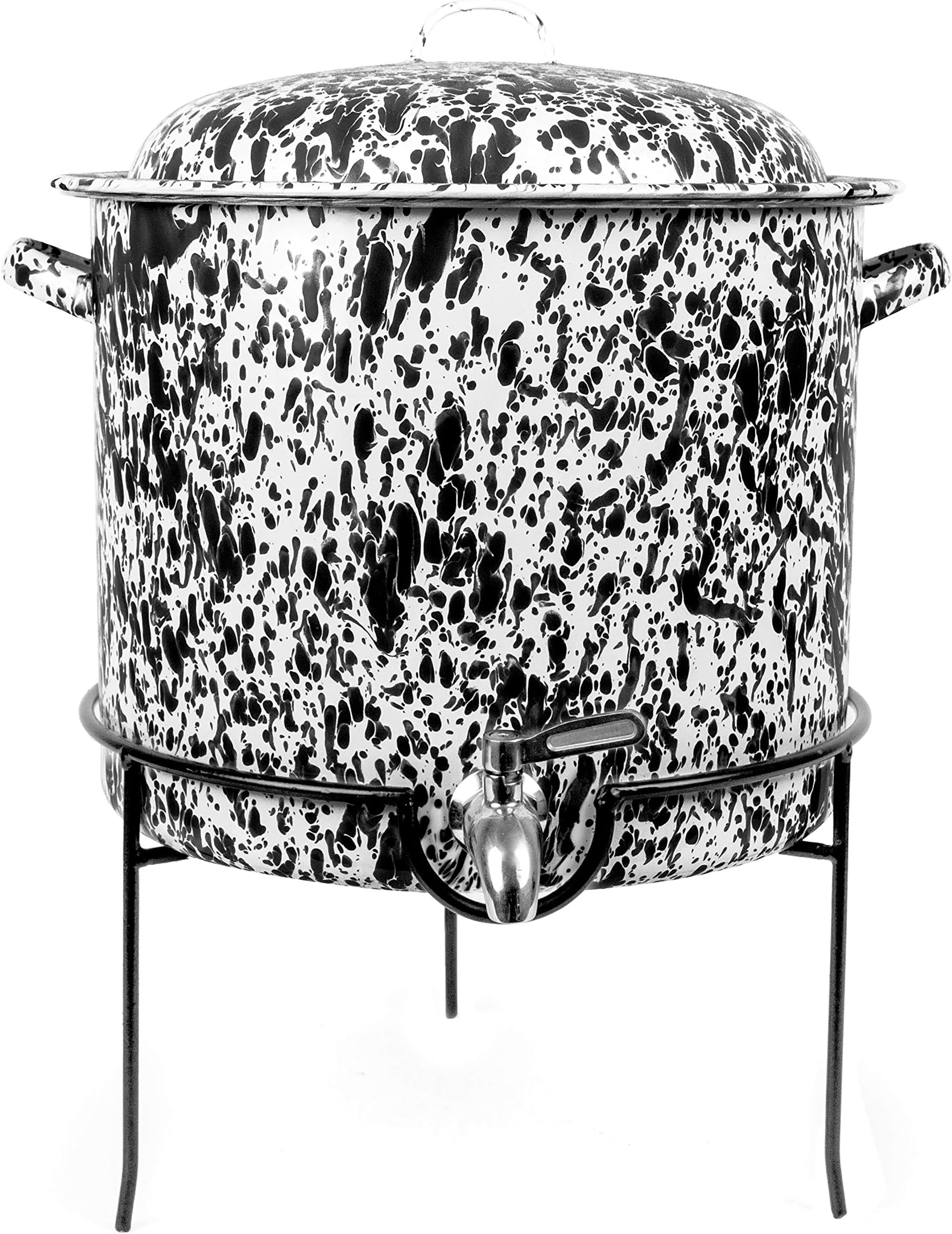 Enamelware Beverage Dispenser with Rack, 15 quart, Black/White Splatter