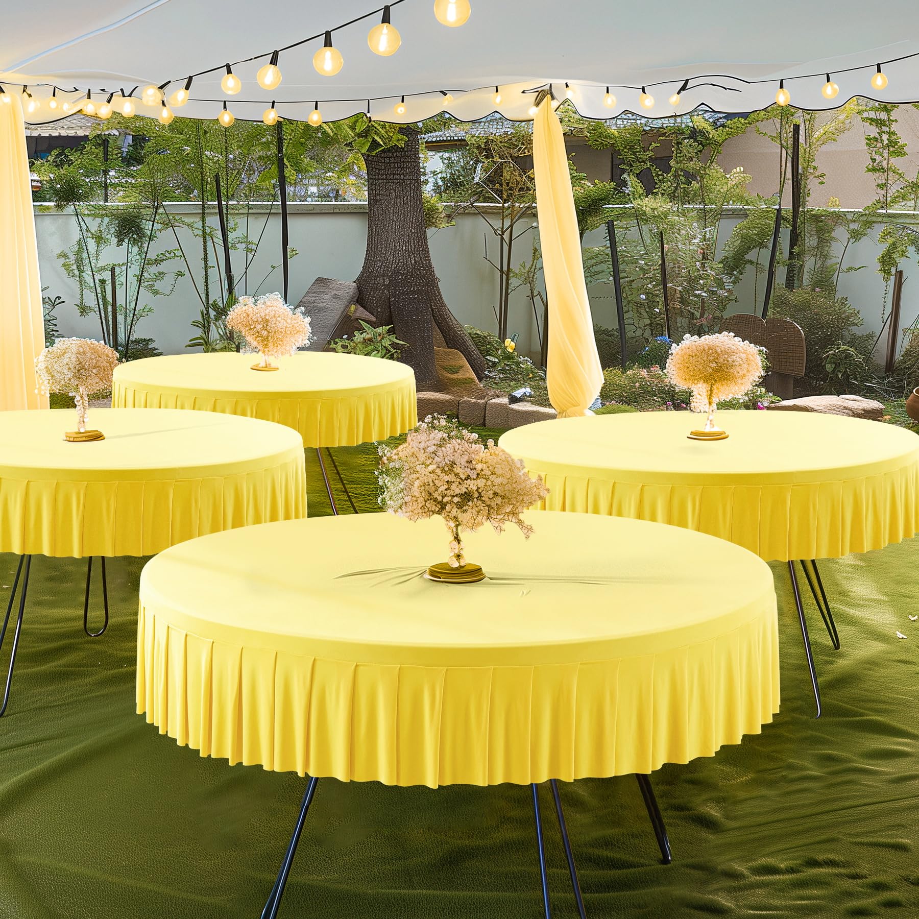 2 Pack Yellow Round Spandex Tablecloth for 72 inch Table, Wrinkle Free Stretchy 120inch Fitted 6FT Round Table Cloths Cover with Skirt for Wedding Birthday Party Dining Banquet Events