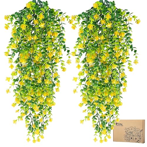 4 Pcs Artificial Hanging Flowers, 65cm Fake Hanging Flowers, Real and UV Resistant, Artificial Hanging Plants Bouquet for Wall, Home, Garden, Yard, Indoor, Outdoor Decor (Yellow)