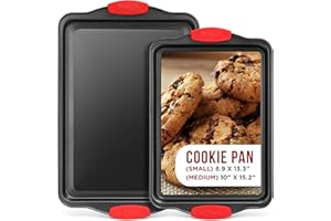 BAKKENMASTER 2 Piece Set Nonstick Carbon Steel Oven Bakeware -Professional Quality Kitchen Cooking Baking Trays -PFOA, PFOS, PTFE-Free Medium & Large Baking Sheet Pans with Red Silicone Handles