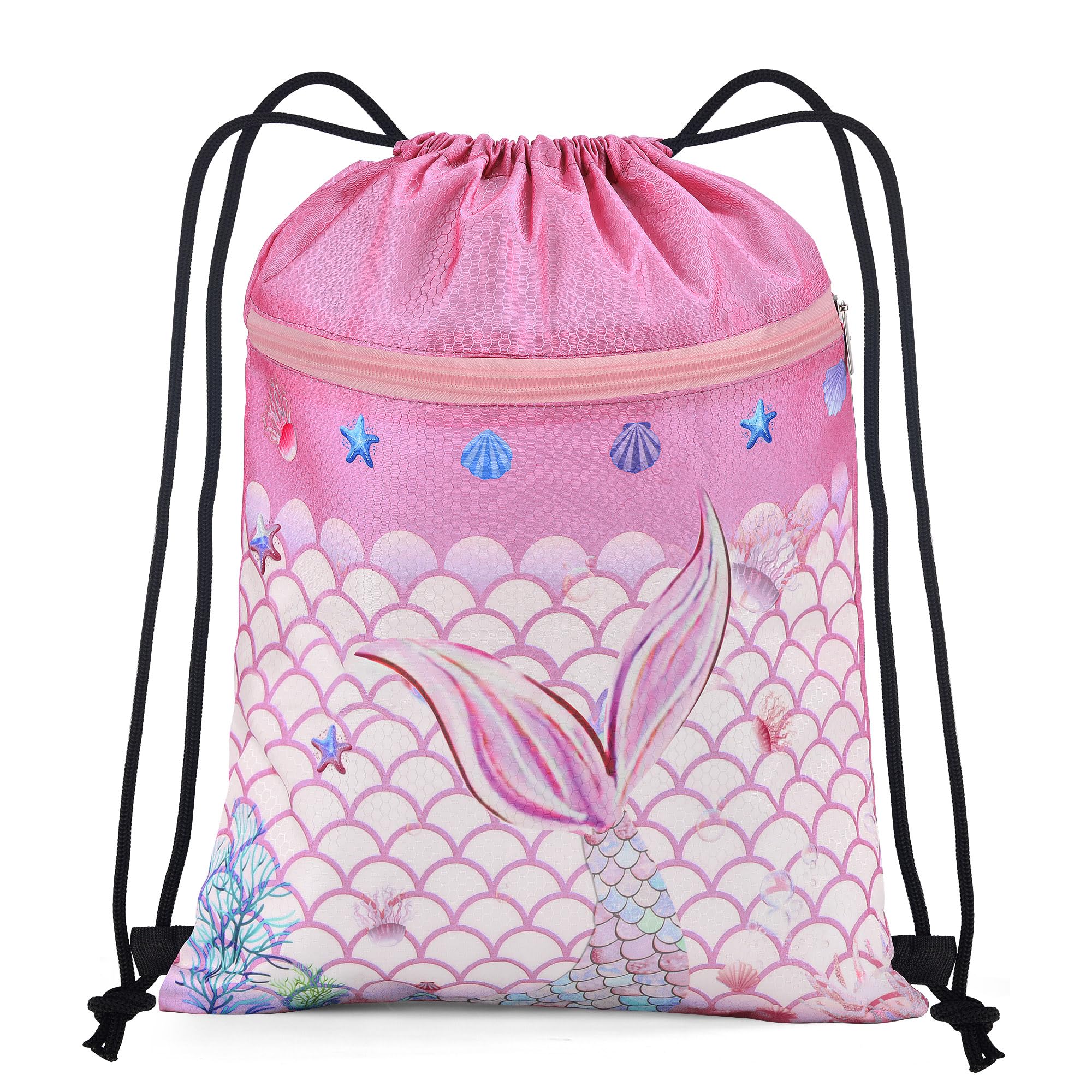 BOENFU Mermaids Drawstring Bags, Waterproof String Swim PE Bag, Large Drawstring Backpack with Outside Zipper and Hidden Inner Pocket for School Gym Traveling Swimming Party Picnic