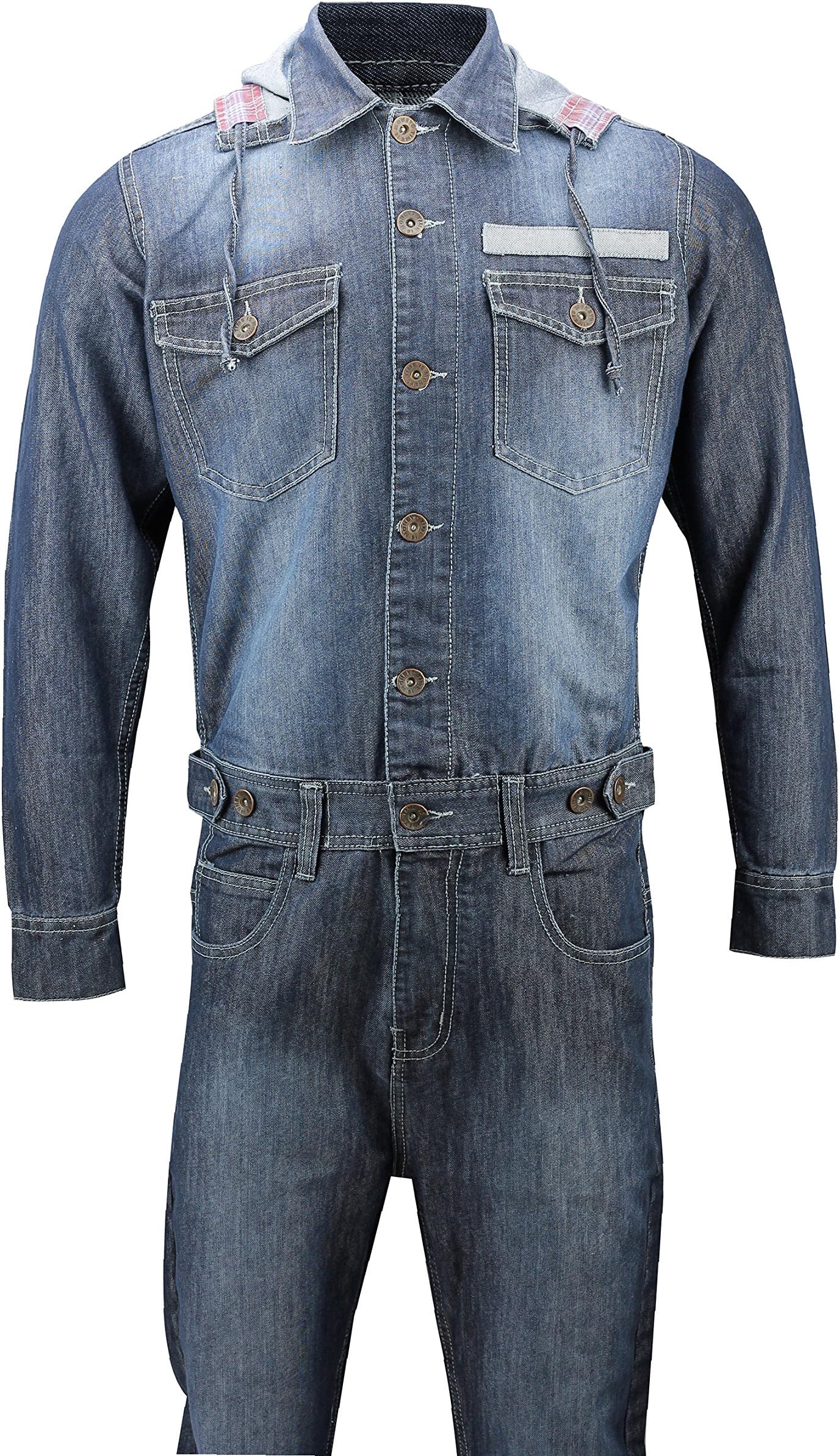 TIME IS MONEY Mens One Piece Denim Full Jumpsuits Trouser Overalls Detachable Hood Boiler Suit Collared Dungarees